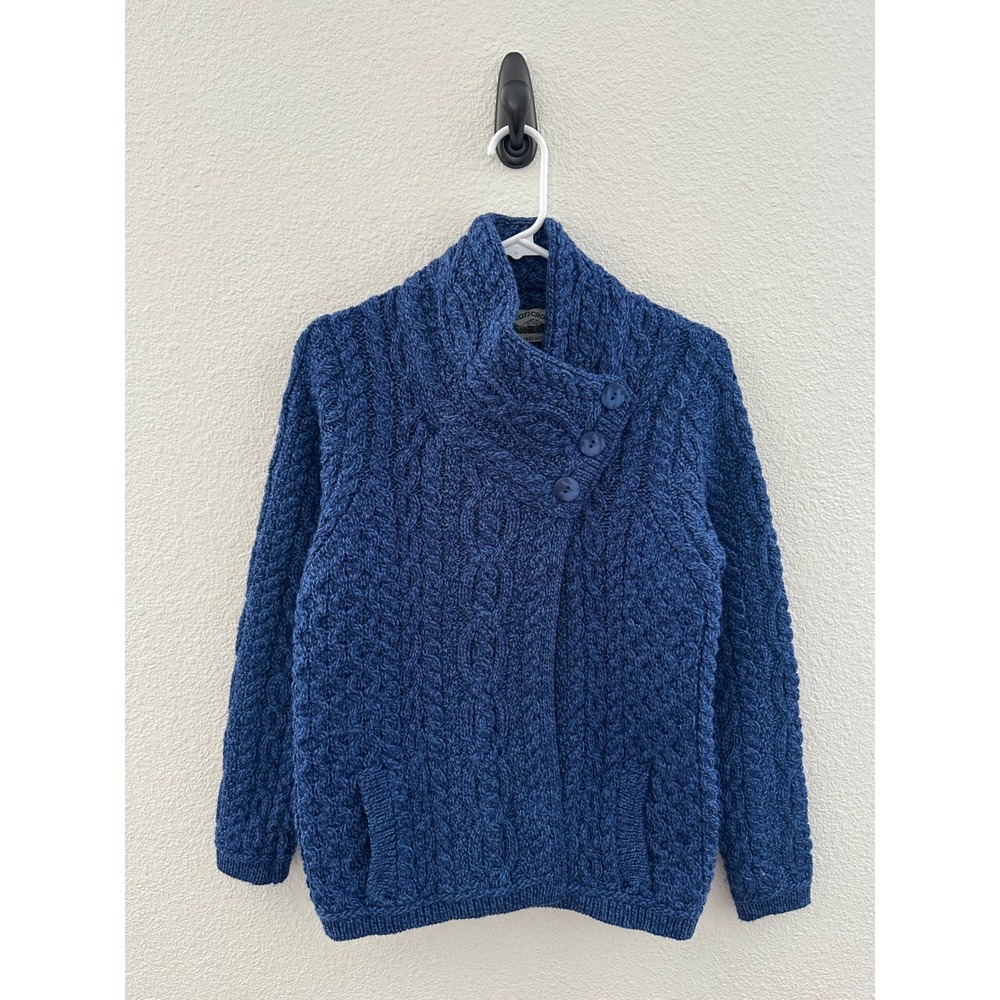 Aran Crafts Blue Cable Knit Merino Wool Ireland Shawl Cardigan Sweater Cozy S